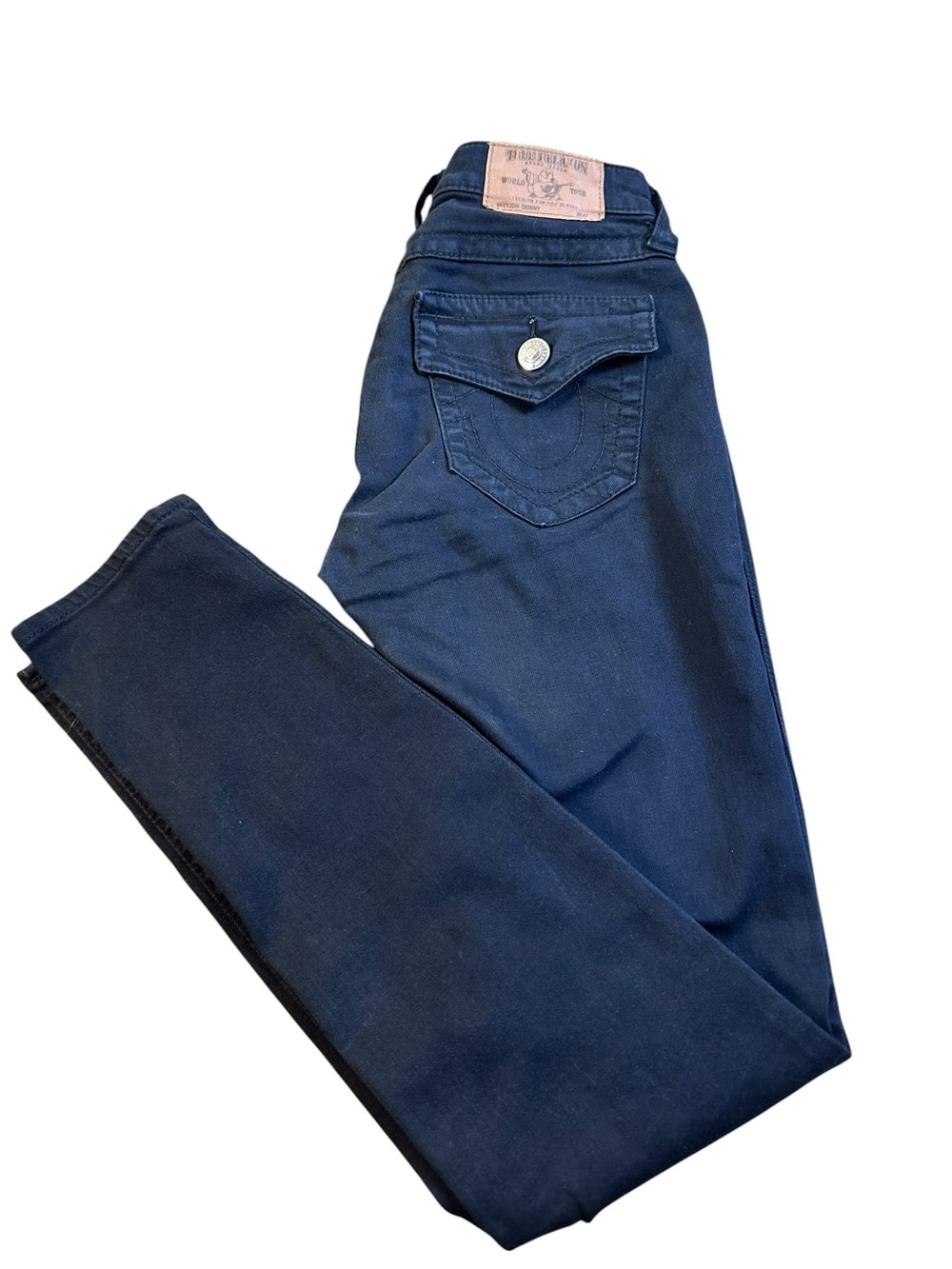 TRUE RELIGION Black Mid Rise Skinny Jeans Flap Pocket Stretch‎ Denim Sz 26